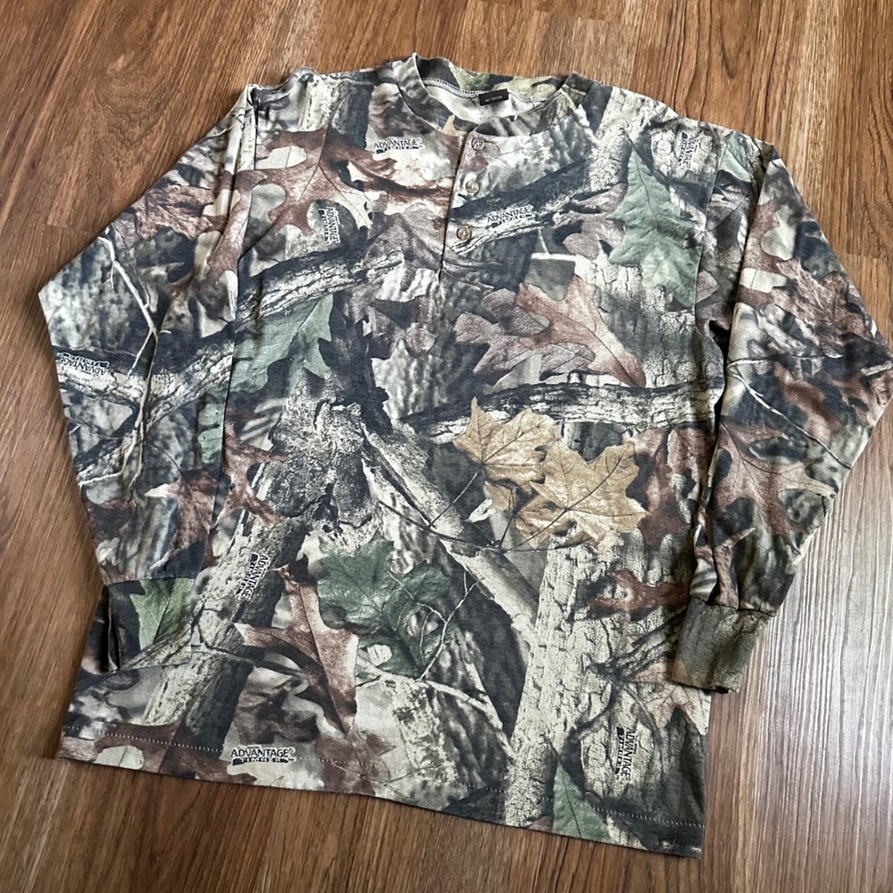 Ranger Henley Shirt Mens Medium Brown Advantage Timber Camo Good USA Outdoor